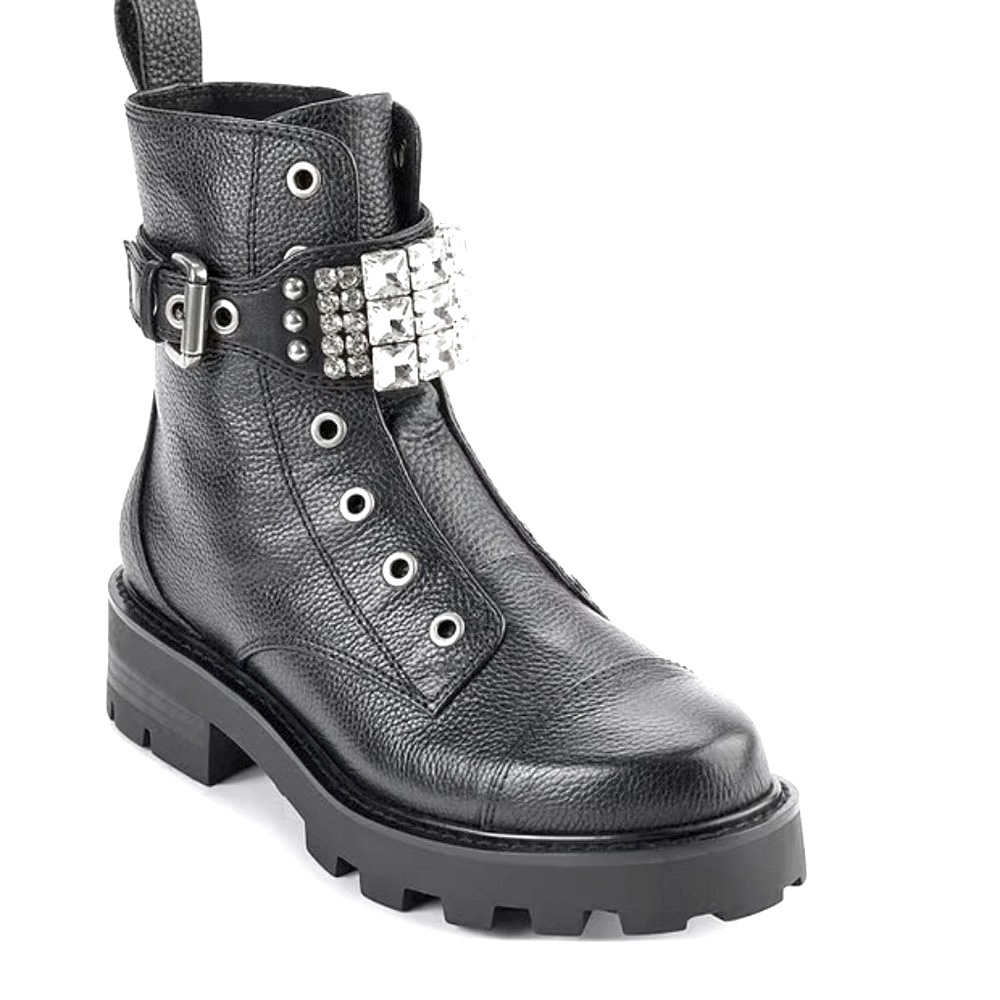 Black Leather Studded Buckle Combat Ankle Boot